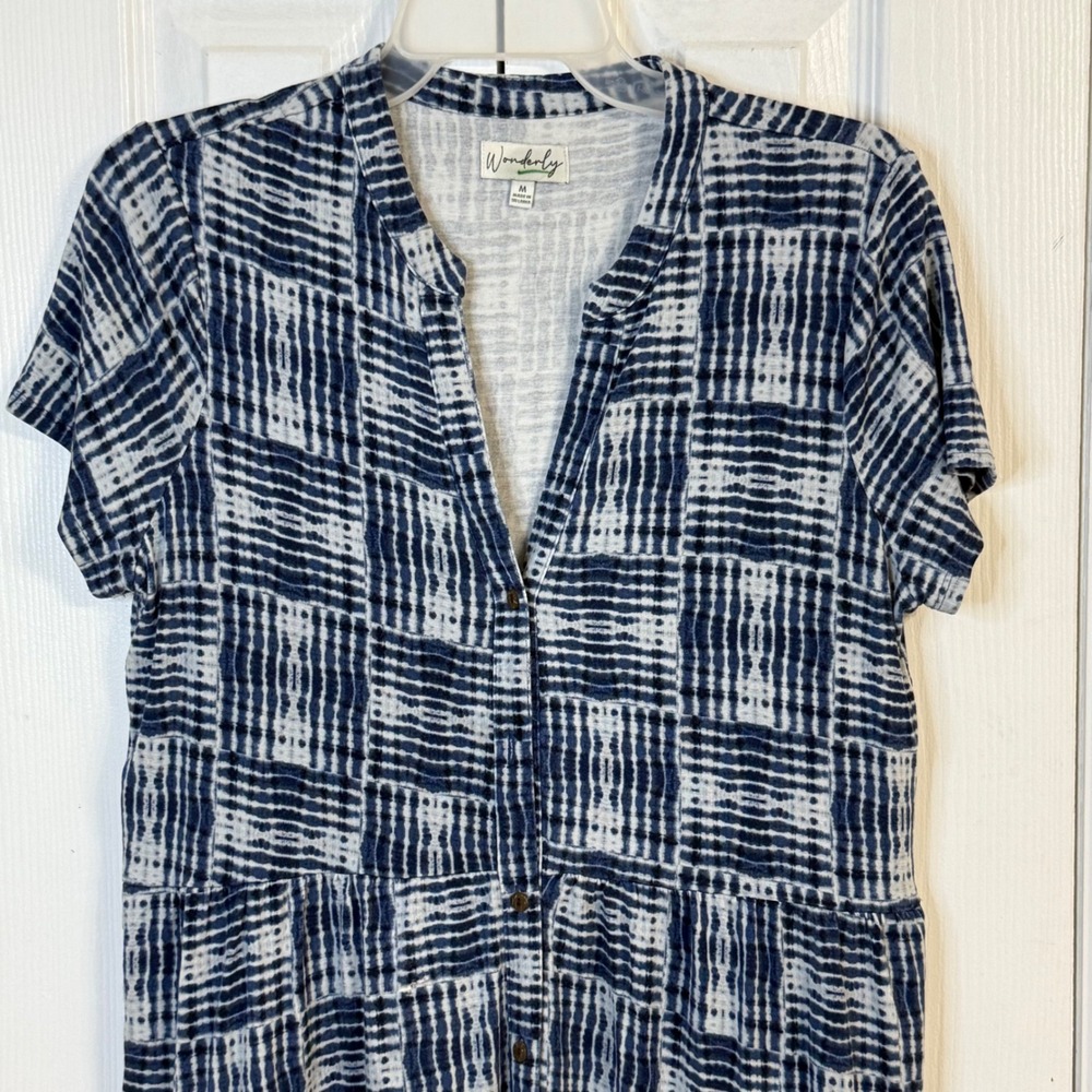 ✨Wonderly Women's XL Blue White‎ Plaid Button Front Tunic Top Boho Style